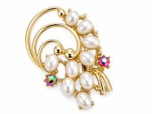 Vtg Mid Century Gold Faux Pearl Swirl Bouquet Brooch Pin Aurora Borealis Stones